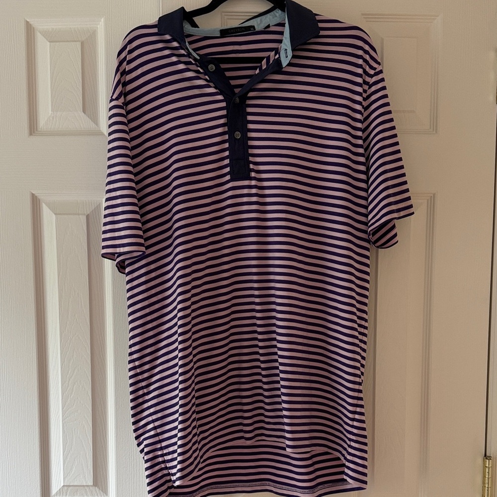 Greyson Men's Striped Polo in Purple and Light Pink with Navy Accents